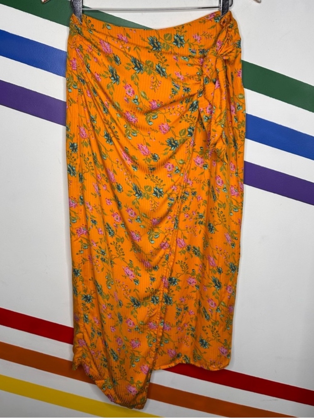 NEW Anthropologie Sabia Orange Floral Wrap Midi Skirt Side Tie US 10